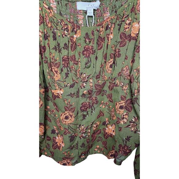 C&V Chelsea & Violet Floral Button Front Cropped Green Peasant Top - Picture 4 of 8
